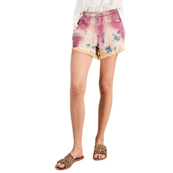 NWT-Women's Tie Dye Denim Fringe Shorts, Rose - Picture 3 of 6